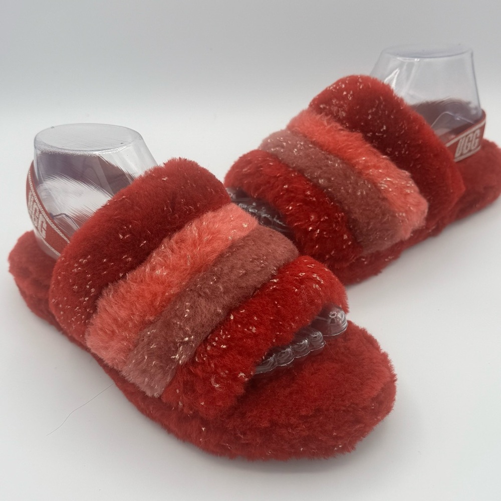 NWOT UGG Fluff Yeah Gold Metallic Sparkle Slippers in Red and Pink